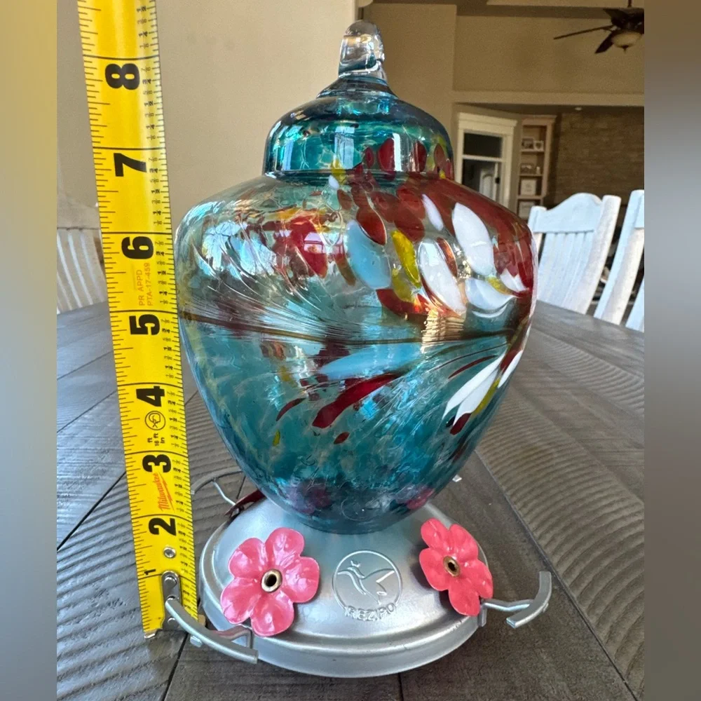 Handcrafted Hummingbird Feeder with Perch - Hand Blown Glass